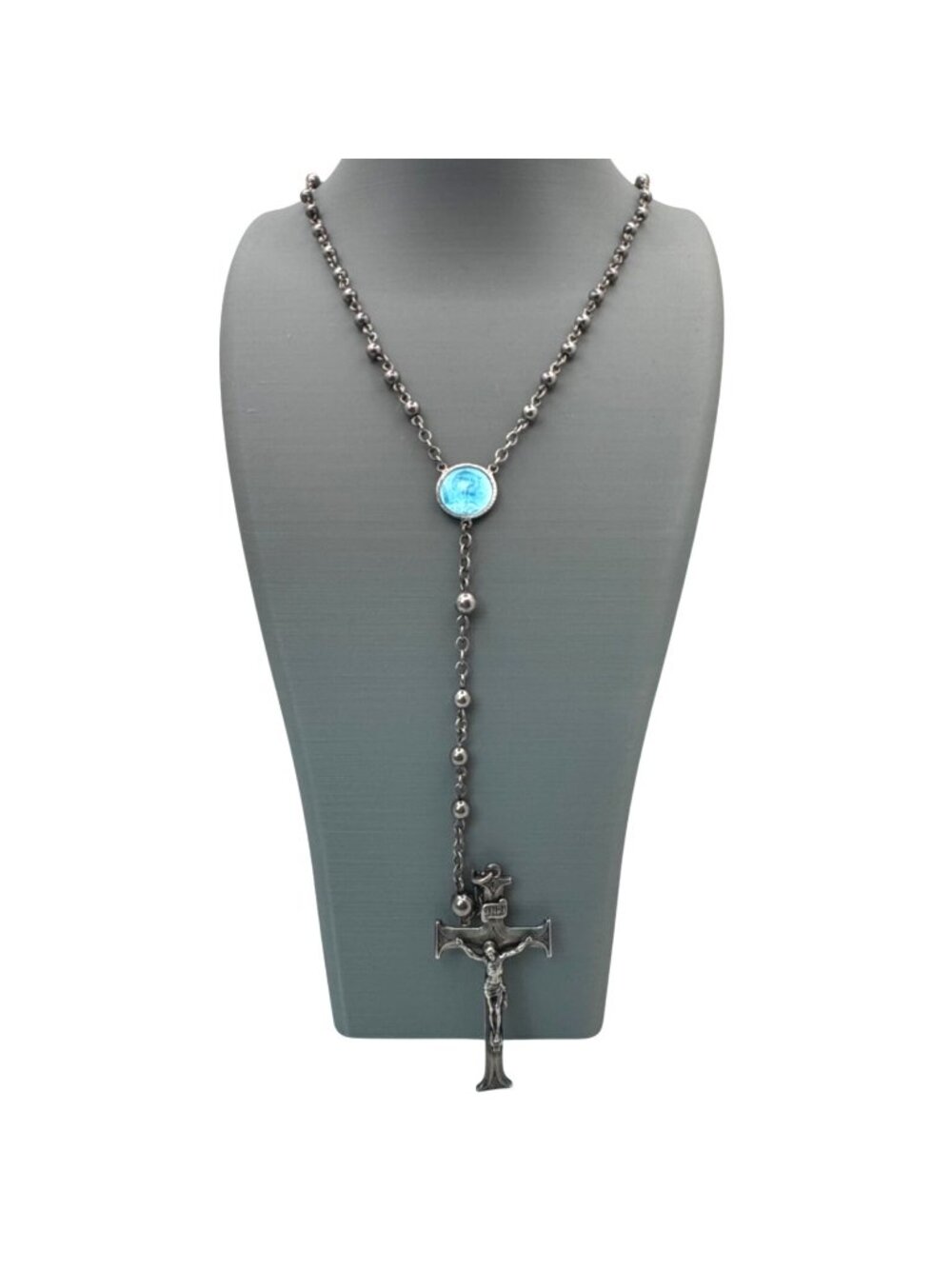 Sterling Silver Catholic Rosary Necklace Crucifix & Blue Enamel Virgin Mary